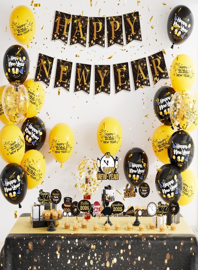 Haolongfa Happy New Year Party Decorations, Black & Gold Balloons, Happy New Year Banner, Cupcake Toppers, New Years Eve Decorations 2026 for Countdown, Apartment, Office,Intimate Family Gathering - Image 1